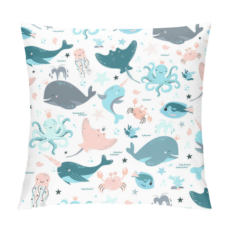 Personality  Marine Seamless Pattern With Different Animals, Simple Vector Illustration Pillow Covers