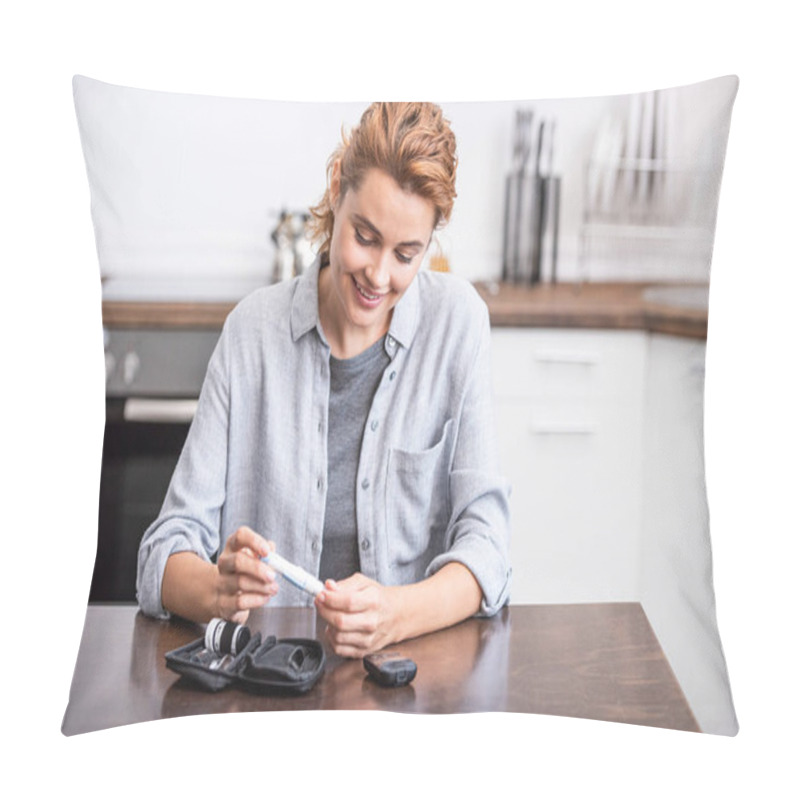 Personality  Attractive And Cheerful Woman Looking At Blood Lancet  Pillow Covers