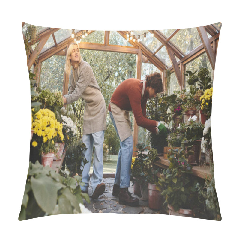 Personality  In A Vibrant Greenhouse Brimming With Flowers And Greenery, Two Young Gardeners Happily Tend To Their Plants, Creating A Joyful Atmosphere While Appreciating The Beauty Around Them. Pillow Covers