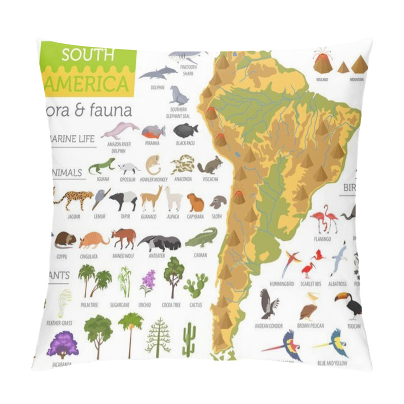 Personality  South America Flora And Fauna Map, Flat Elements. Animals, Birds Pillow Covers