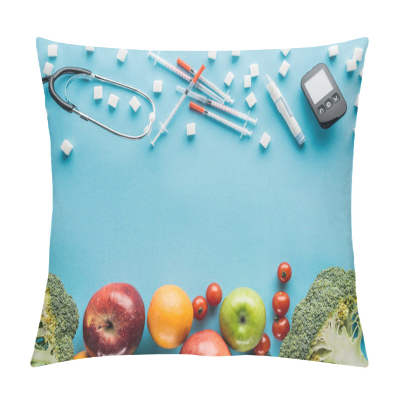 Personality  Medical Equipment, Sugar Cubes And Fruits With Copy Space On Blue Background Pillow Covers