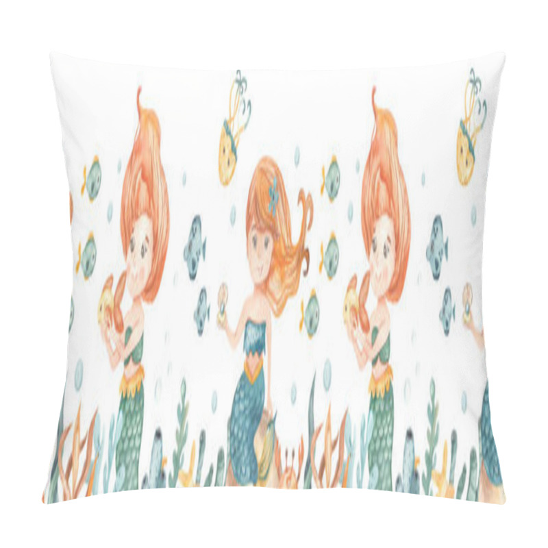 Personality  Cute Girl Mermaid On A Stone, With Fish, Fish, Starfish, Algae, Corals Watercolor Seamless Border Pillow Covers