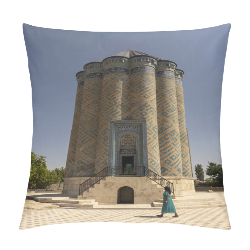 Personality  A Woman Walks Near The Historic Garabaghlar Mausoleum In Nakhchivan, Azerbaijan. The Bright Sunny Day Highlights The Intricate Architecture And Serene Surroundings Of This Ancient Landmark. Pillow Covers