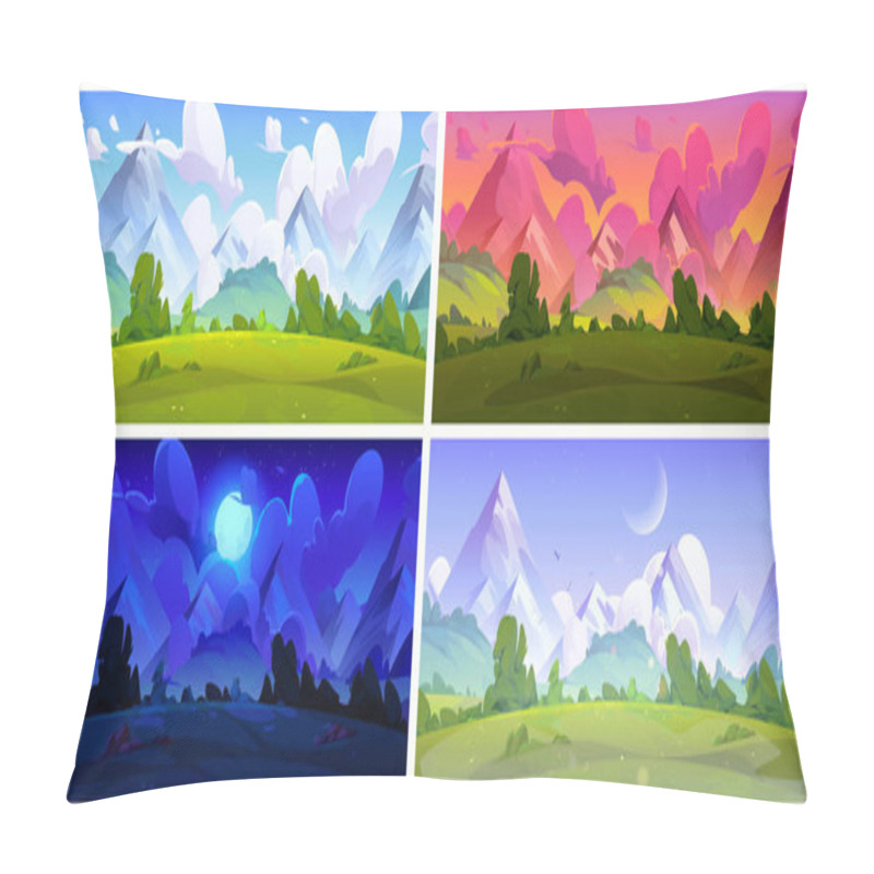 Personality  Meadow With Green Grass Near Mountain Foot During Four Day Times. Cartoon Summer Daytime Landscape Of Field And Trees, Rocky Hills And Sky With Clouds - Sunny Afternoon, Dawn And Sunset, Dark Night. Pillow Covers