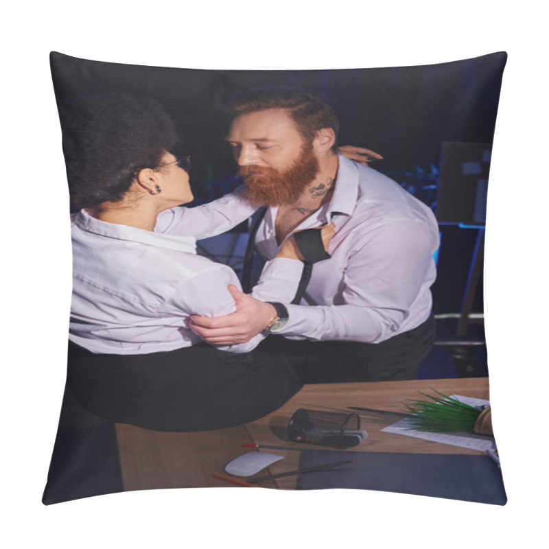 Personality  Bearded Tattooed Man Seducing African American Woman Near Mess On Work Desk In Office, Love Affair Pillow Covers