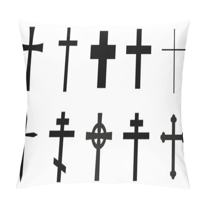 Personality  Christian Cross, Black And White Vector Silhouette Illustration Of Religious Cross Shape, Isolated On White Background, Icon Set Pillow Covers