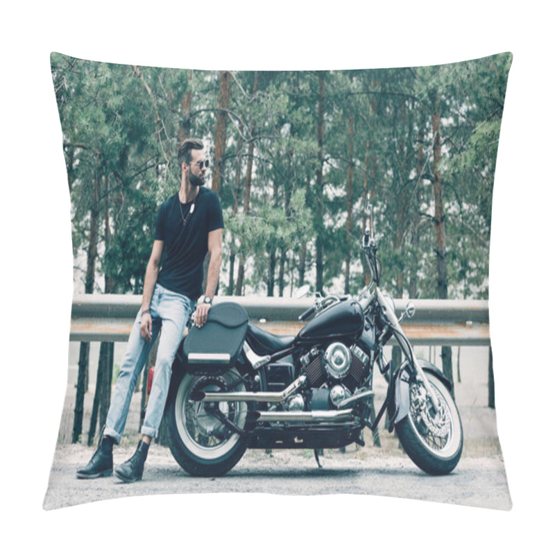 Personality  Handsome Motorcyclist In Sunglasses Standing Near Black Motorcycle On Road Near Green Forest Pillow Covers