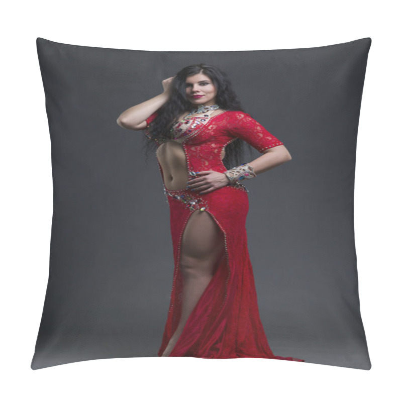 Personality  Young Beautiful Exotic Eastern Women Performs Belly Dance In Ethnic Red Dress On Gray Background Pillow Covers