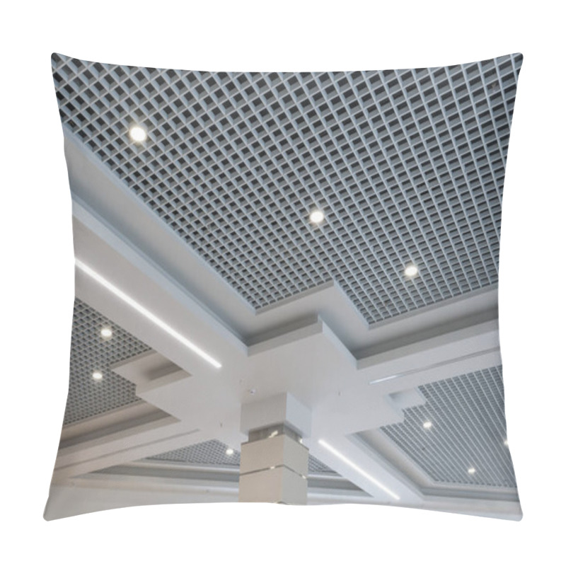 Personality  Suspended And Grid Ceiling With Halogen Spots Lamps And Drywall Construction In Empty Room In Store Or House. Stretch Ceiling White And Complex Shape. Pillow Covers