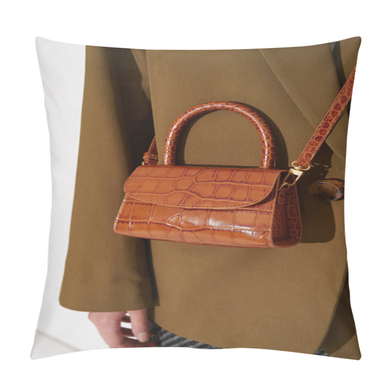 Personality  Girl In Green Jacket With Beautiful Brown Leather Handbag. Luxury Handmade Bag With Reptile Effect. Fashionable Modern Accessory. Vertical Photo. Classic Outfit. Pillow Covers