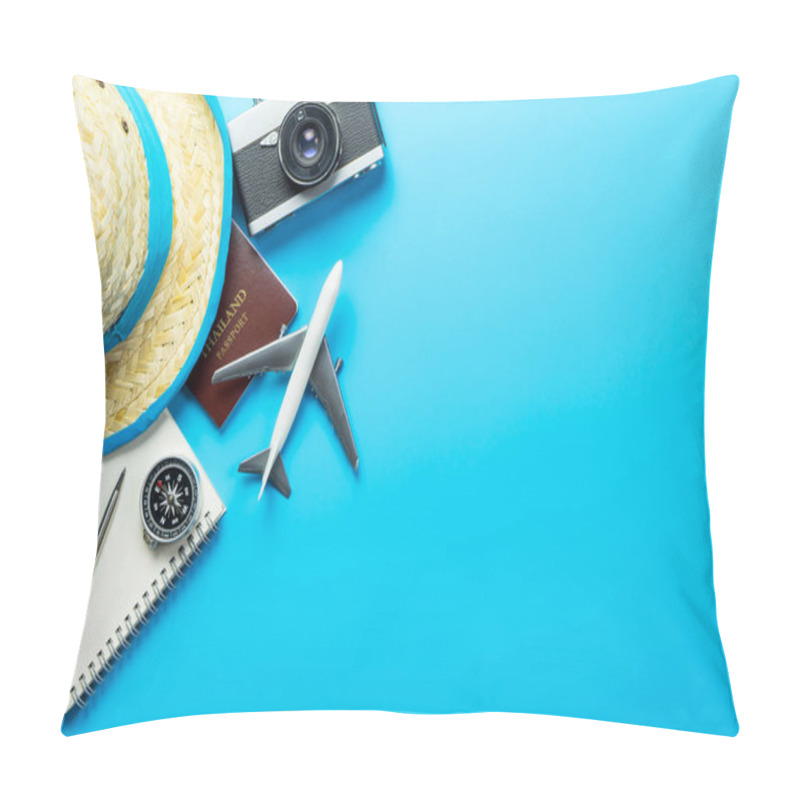 Personality  Summer Travel Blogger Accesories On Blue Copy Space Pillow Covers