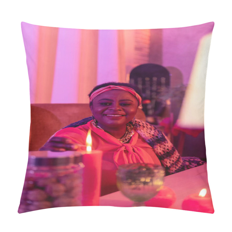 Personality  African American Plump Fortune-teller In Ethnic Adornments Smiling Nicely Pillow Covers