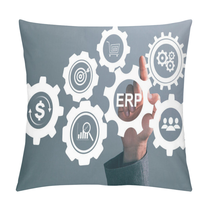 Personality  ERP And Gear Icons. Enterprise Resource Planning Concept. Man Tapping On The Screen Pillow Covers