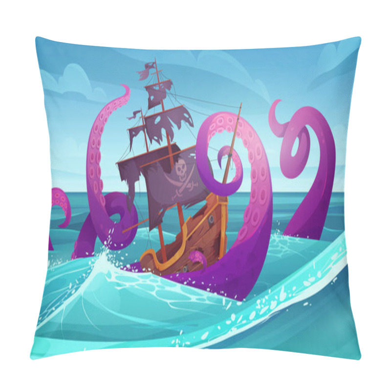 Personality  Battle Between Giant Octopus And Pirate Ship In Sea Landscape Vector Illustration. Cartoon Fairytale Monster Sinking Corsair Boat With Cannons In Water Waves, Perilous Ancient Kraken And Broken Ship Pillow Covers