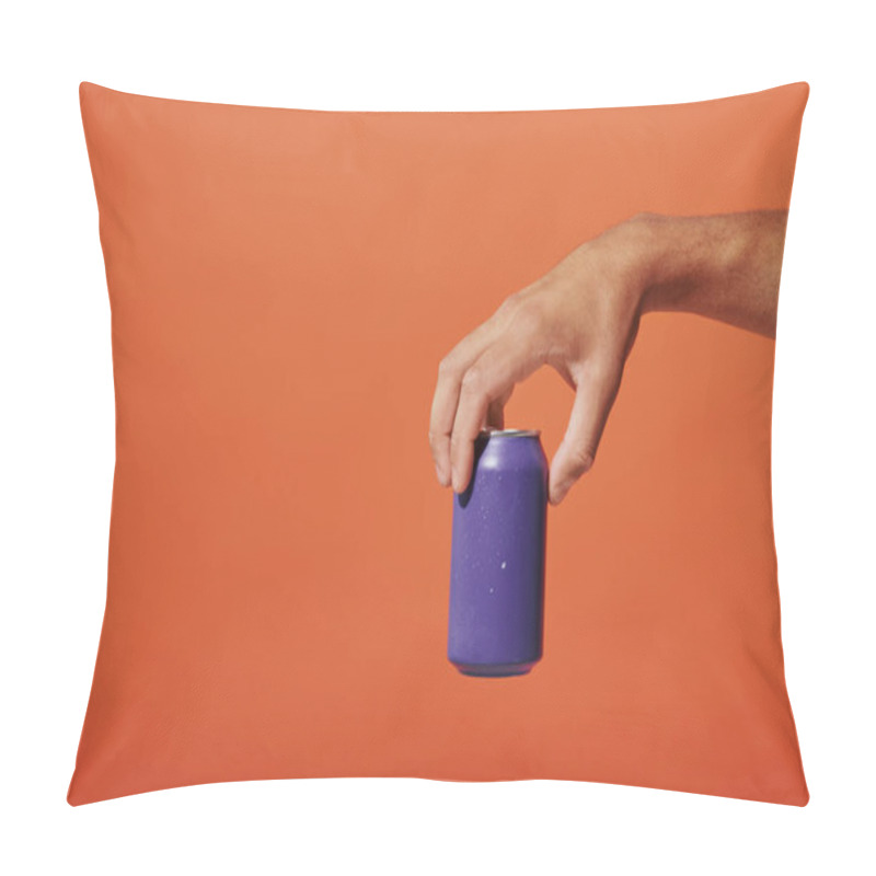 Personality  Cropped View Of Person Holding Purple Soda Can In Hand On Orange Background, Carbonated Drink Pillow Covers