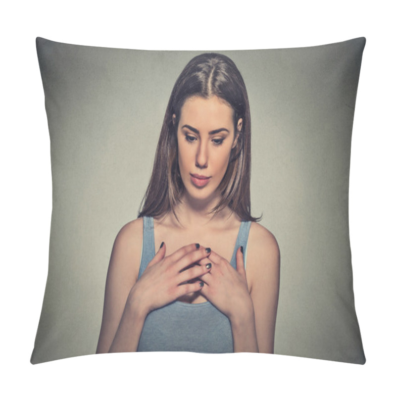 Personality  Beautiful Woman, Shy, Playing Nervously With Hands Looking Down Pillow Covers