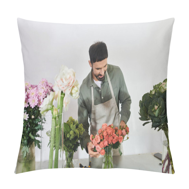 Personality  A Skilled Florist Crafts A Stunning Bouquet Among Lush Greenery And Blooms, Showcasing Creativity. Pillow Covers