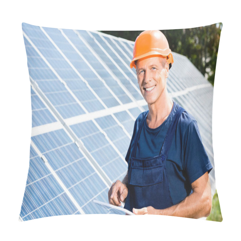 Personality  Handsome Engineer In T-shirt And Orange Hardhat Smiling And Holding Digital Tablet  Pillow Covers