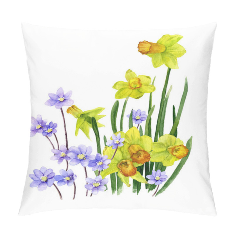 Personality  Picture Of Trumpet Daffodills (yellow Narcissi) And Light-blue Flowers (hepatic Flowers) Hand Painted In Watercolor. The Symbol Of Spring And Nature's Awakening. Pillow Covers