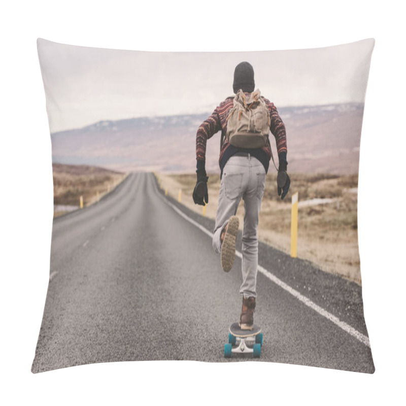 Personality  Skater Traveling Iceland On His Longboard Pillow Covers