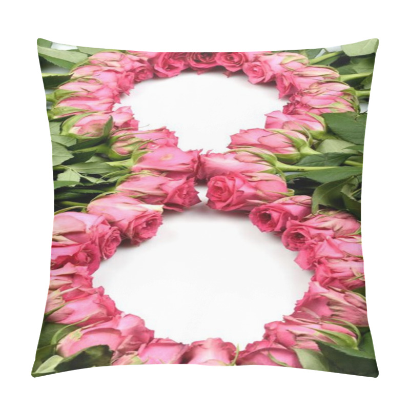 Personality  Beautifully Laid Out Flowers Pink Roses In The Form Of Eight Figures And Free Space On A White Background. Pillow Covers