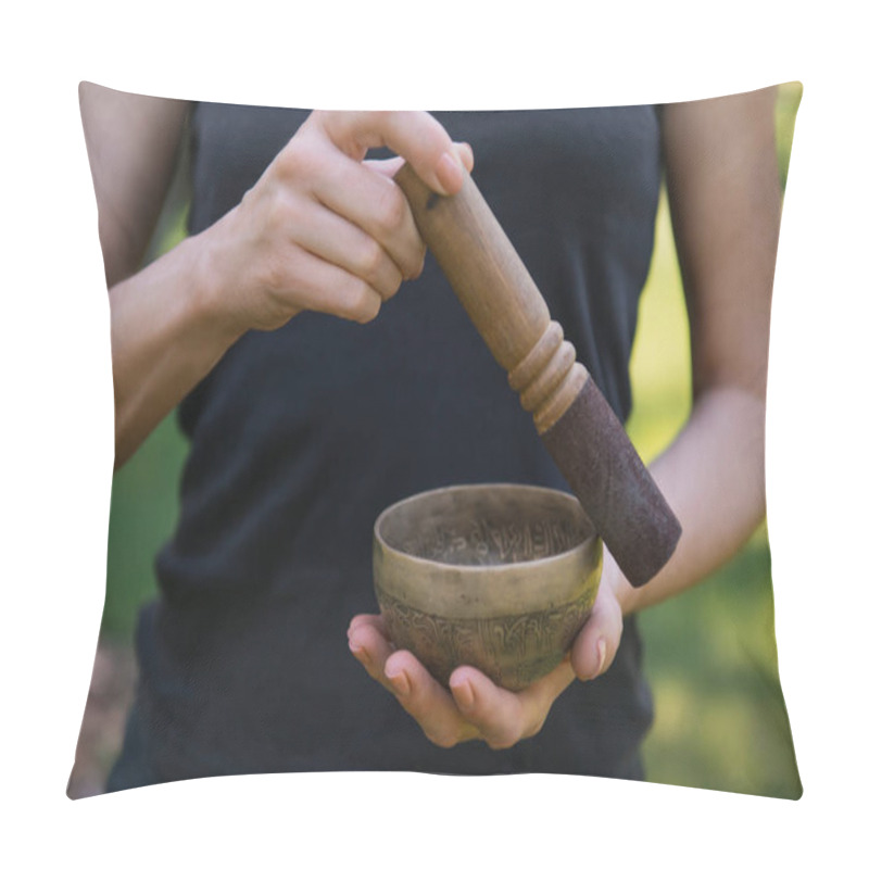 Personality  Cropped Image Of Woman Making Sound With Tibetan Singing Bowl Pillow Covers