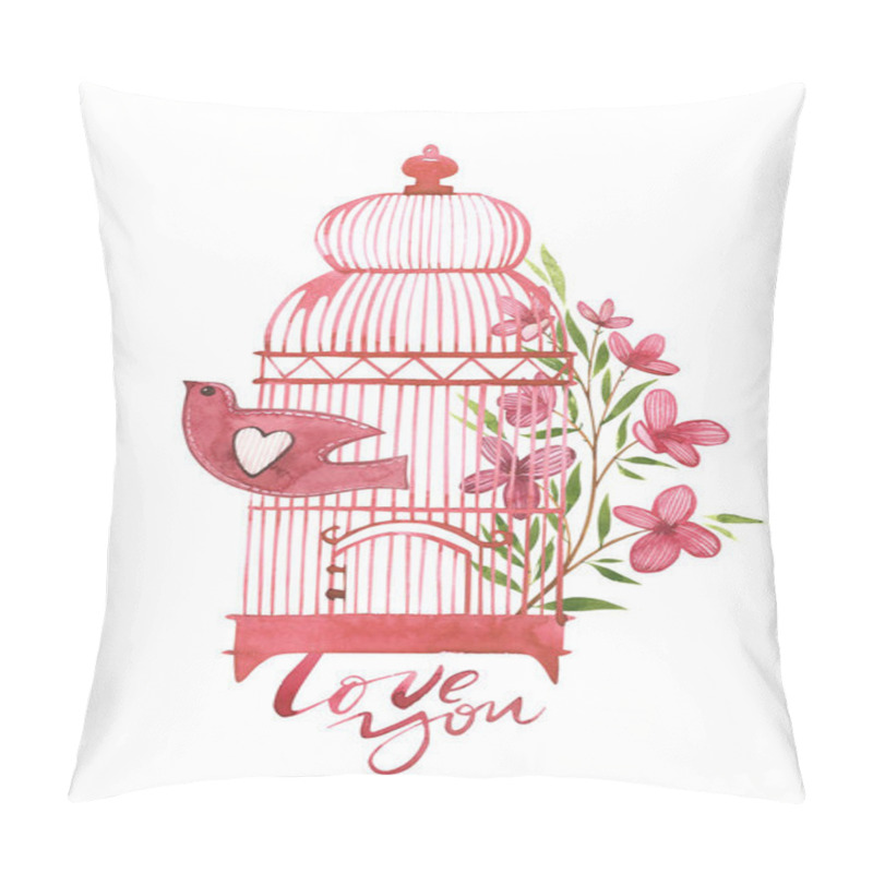 Personality  Valentines Day Cards With Bird Cage With Flowers. Love You. Romantic Quote For Design Greeting Cards, Tattoo, Holiday Invitations. Watercolor Pink Set Of Elements For Valentines Day. Pillow Covers