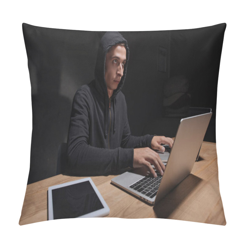 Personality  Hacker In Black Hoodie Using Laptops At Tabletop With Tablet In Dark Room, Cyber Security Concept Pillow Covers