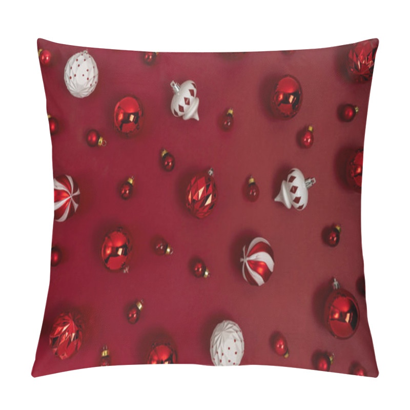 Personality  Christmas Pattern Made Of Glitter Red Balls Tree Toys Decoration On A Red Background With Copy Space. New Year Greeting Card Layout. Flat Lay. Pillow Covers