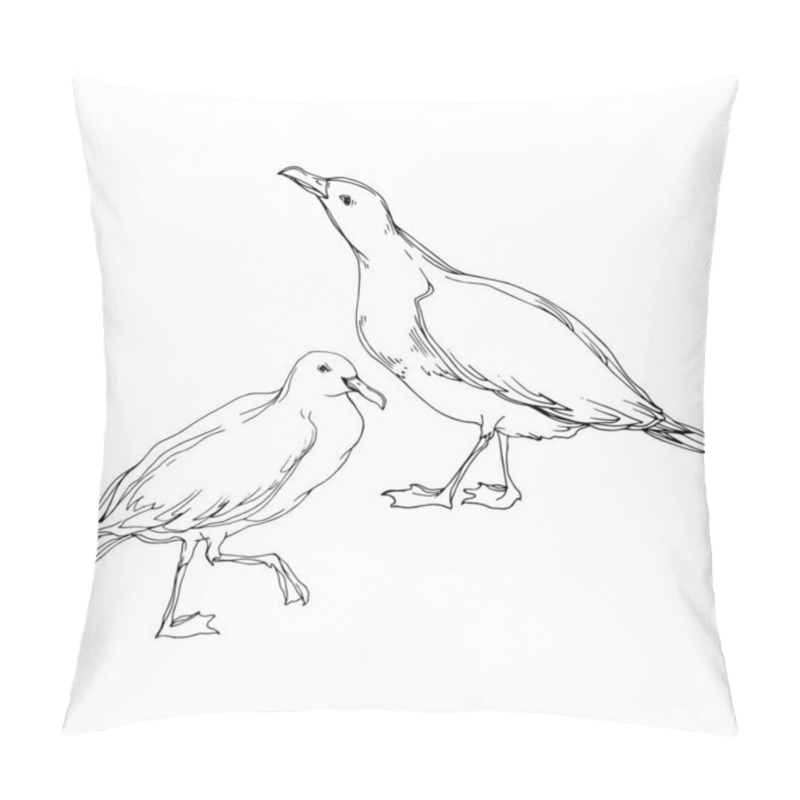 Personality  Vector Sky Bird Seagull In A Wildlife. Black And White Engraved Ink Art. Isolated Seagull Illustration Element. Pillow Covers