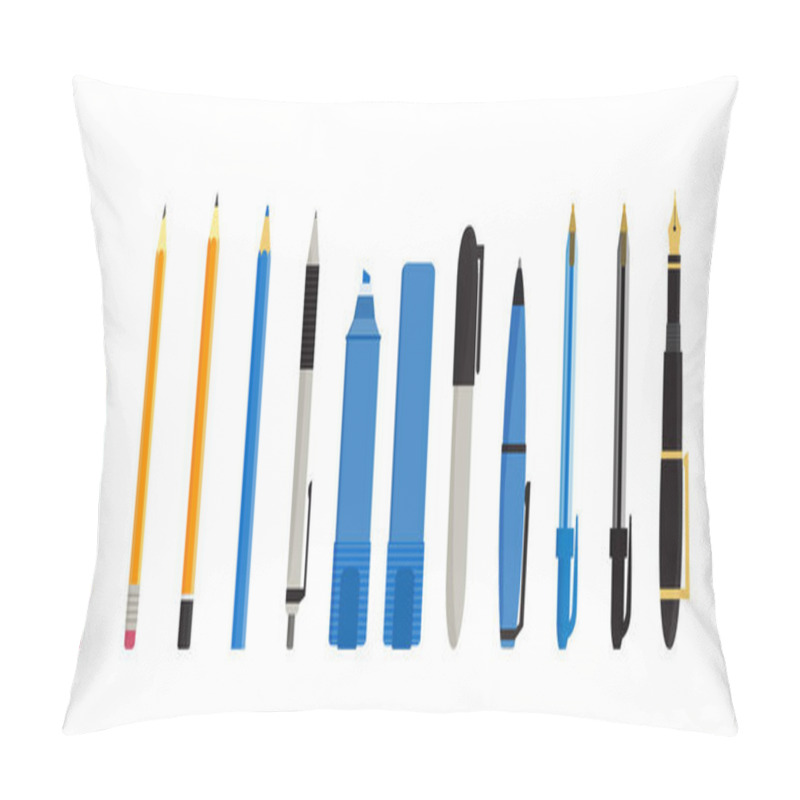 Personality  Flat Vector Illustration Of Various Pens, Pencils, Markers And Highlighters. Isolated On White Background. Pillow Covers