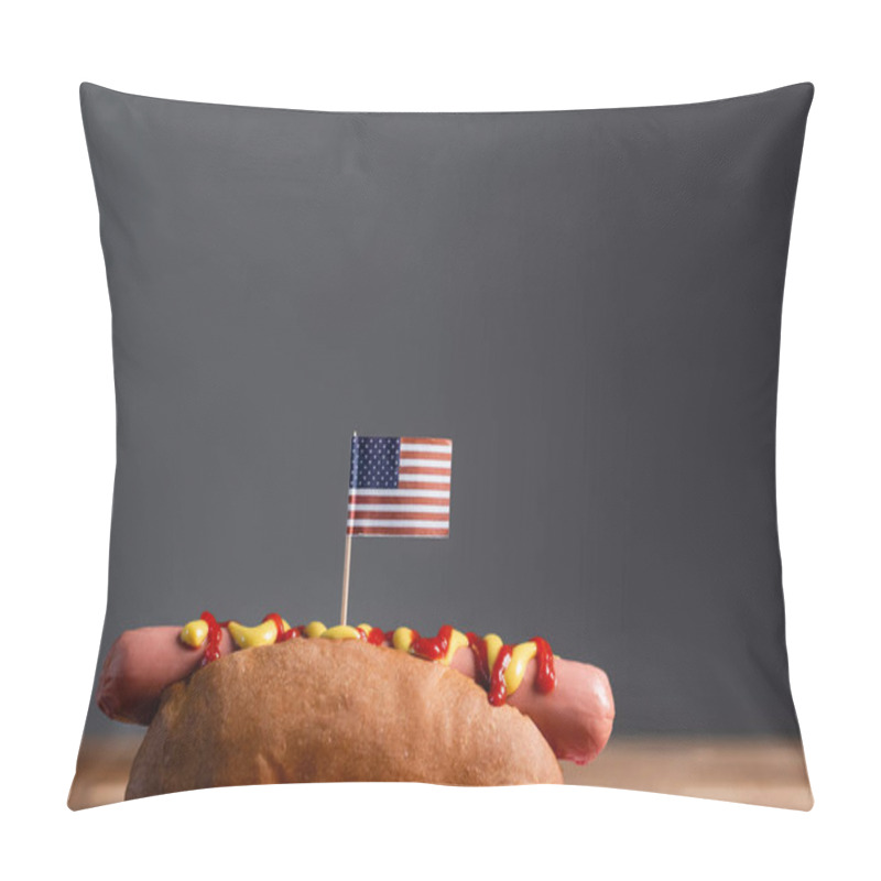 Personality  Tasty Hot Dog With Small American Flag Isolated On Grey With Copy Space Pillow Covers