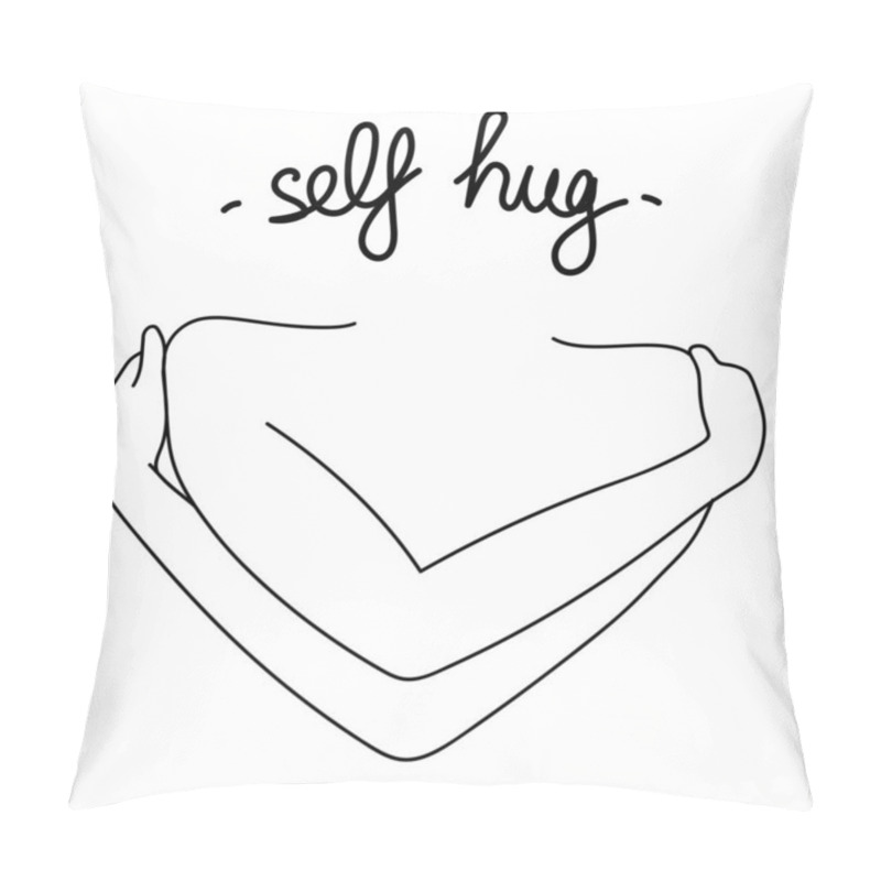 Personality  Self Hug Vector Minimalist Line Illustration. Happy Hug Holiday Day 2020. Hugging Hands With Heart On Isolated White Background Pillow Covers