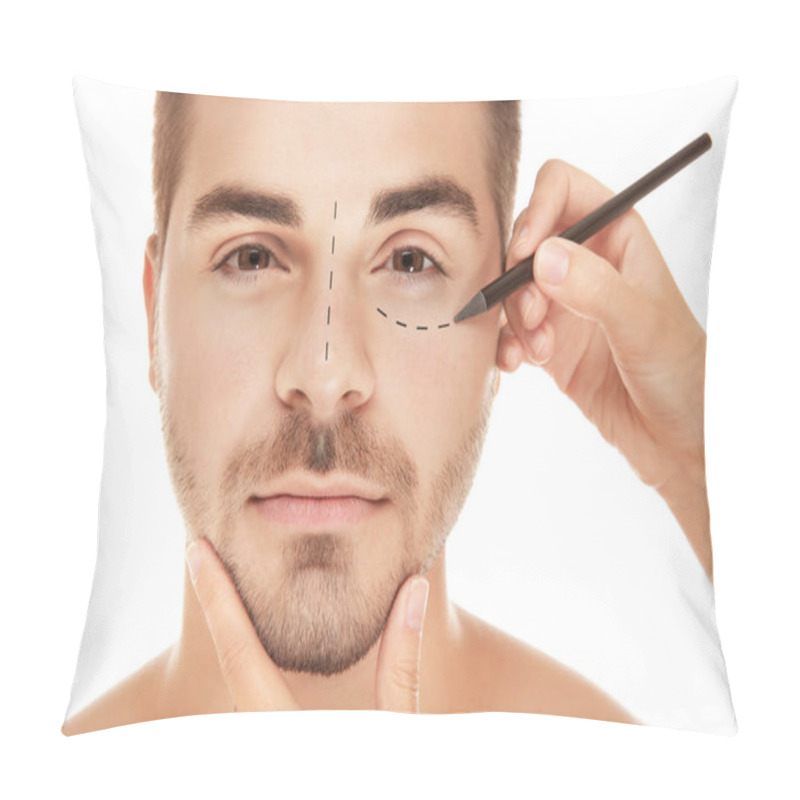 Personality  Surgeon Drawing Marks On Male Face Against White Background. Plastic Surgery Concept Pillow Covers