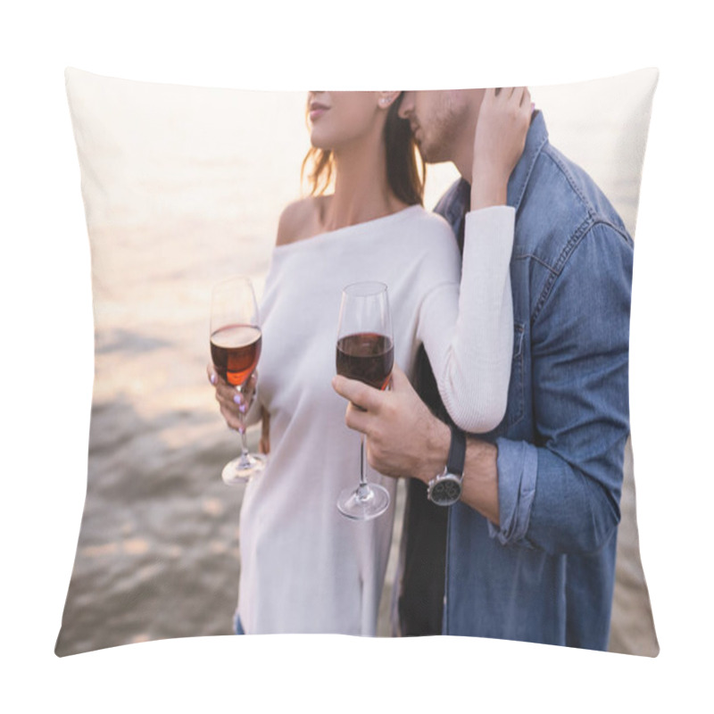 Personality  Cropped View Of Woman Touching Boyfriend While Holding Glass Of Wine Near Sea  Pillow Covers