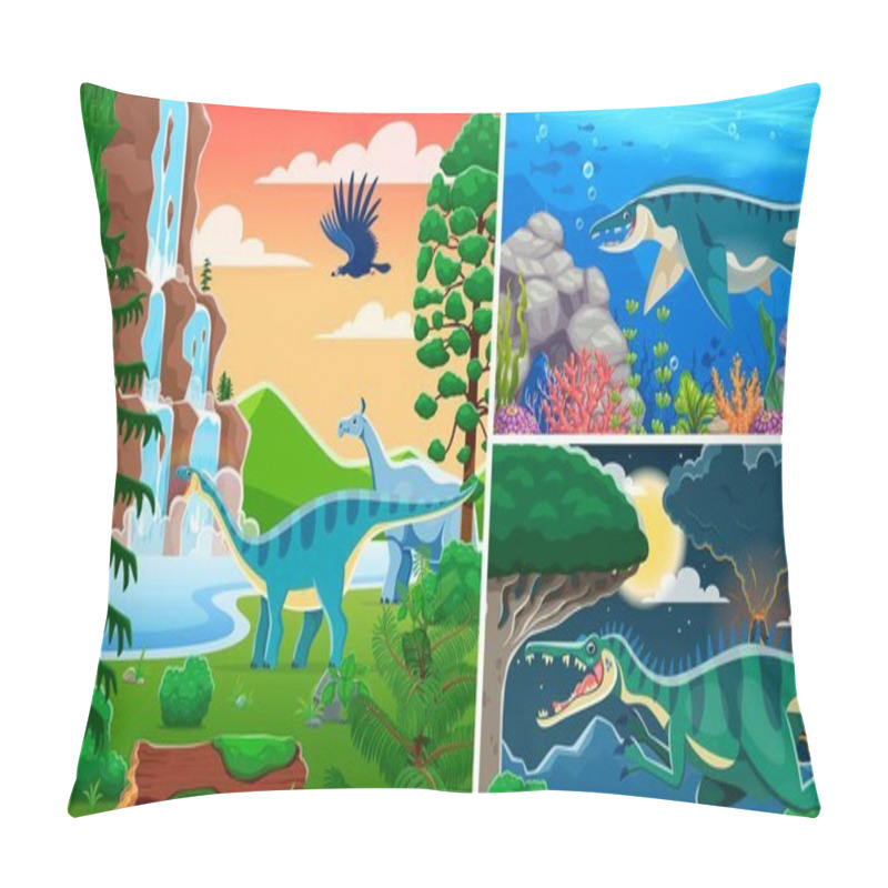 Personality  Prehistoric Dinosaur Characters Collage With Jurassic Lizards And Reptiles, Vector Background. Kids Prehistoric Dinosaurs Atlas Or Paleontology Book Cover With Giant Predators And Underwater Reptiles Pillow Covers