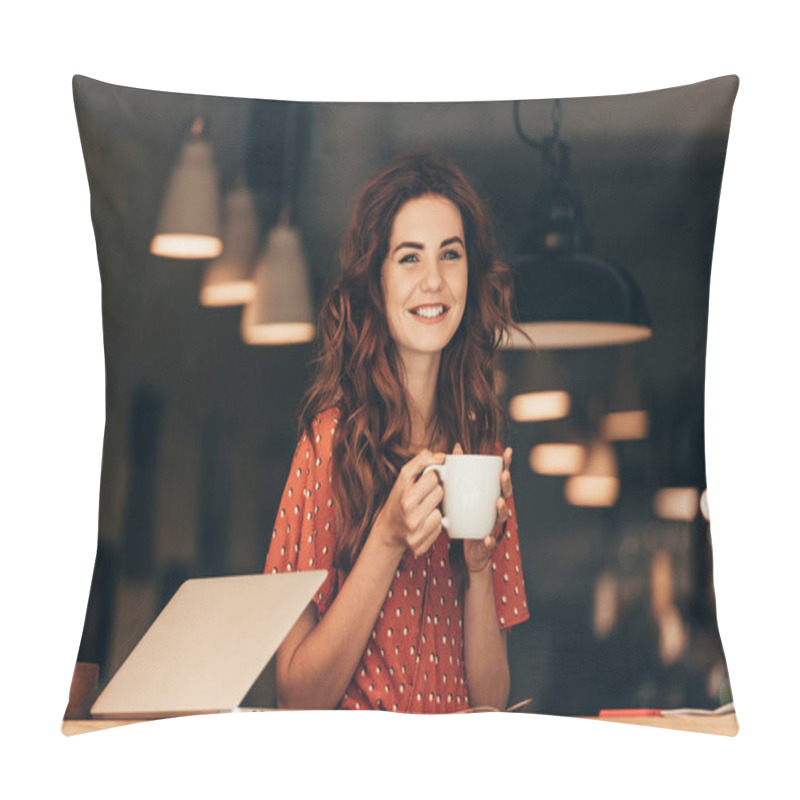 Personality  Portrait Of Smiling Woman With Cup Of Coffee At Table With Laptop In Cafe Pillow Covers