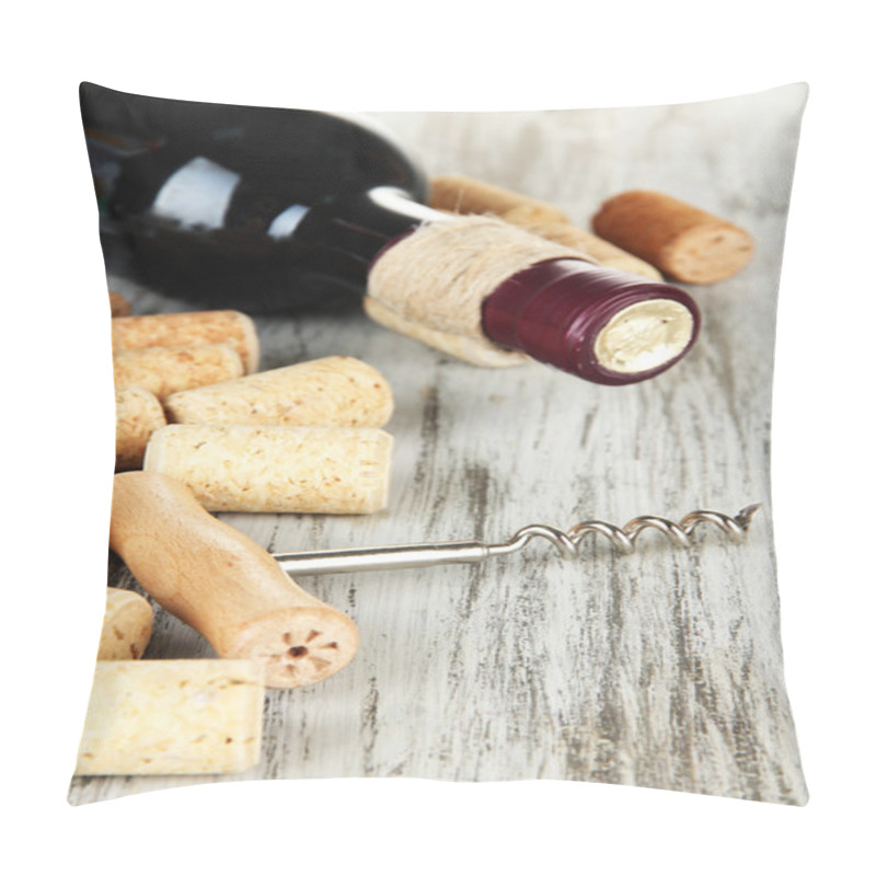 Personality  Corkscrew With Wine Corks And Bottle Of Wine On Wooden Table Close-up Pillow Covers