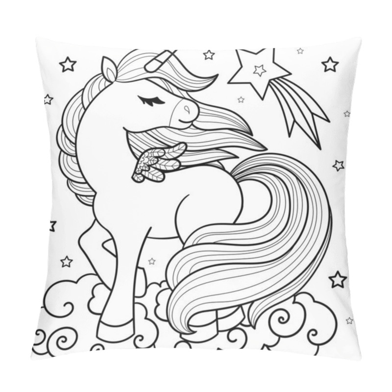 Personality  A Beautiful Unicorn With A Long Tail. Black And White Linear Drawing. For The Design Of Coloring Books, Postcards, Prints, Posters, Stickers, Tattoos And So On. Vector Pillow Covers