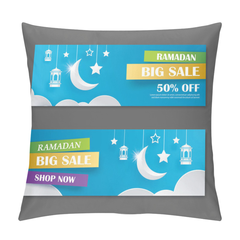 Personality  Ramadan Kareem Big Sale Banner Design With Crescent Moon Paper Art Background. Use For Greeting Card, Poster, Flyer, Brochure, Vector Illustration Template. Pillow Covers