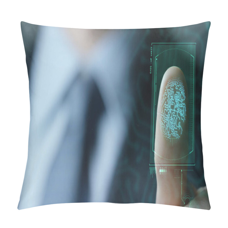 Personality  Slow Motion Of Scan Fingerprint Biometric Identity And Approval. Concept Of The Future Of Security And Password Control Through Fingerprints In An Advanced Technological Future And Cybernetic Pillow Covers