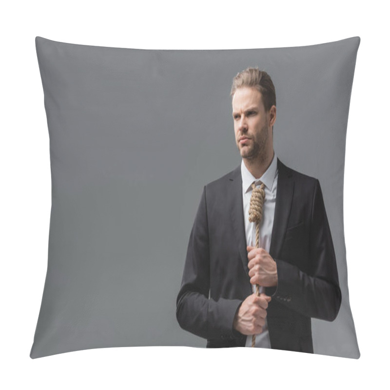 Personality  Tense Businessman With Rope Around Neck Looking Away Isolated On Grey Pillow Covers