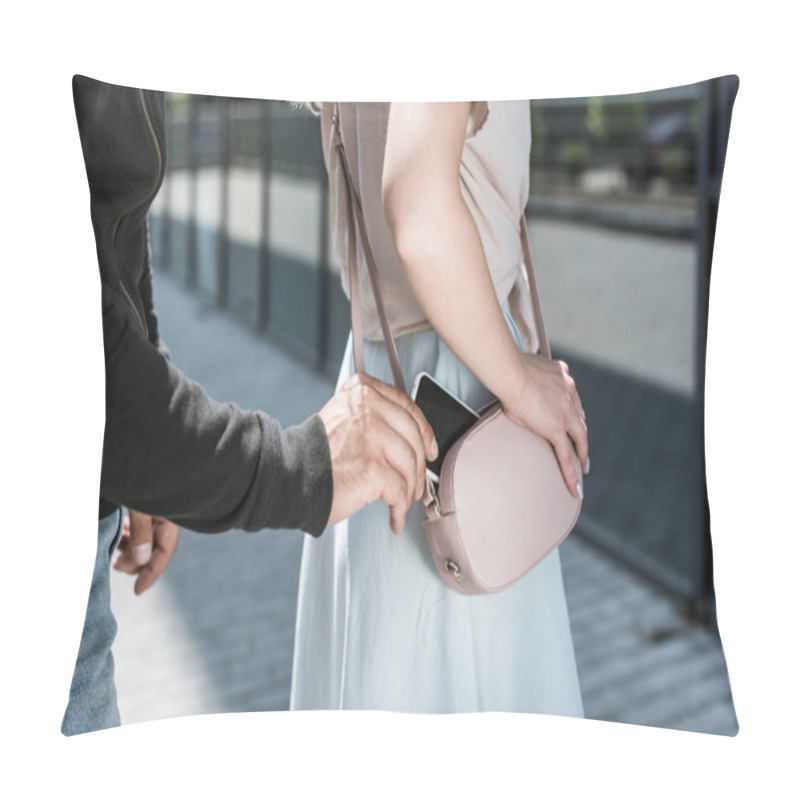 Personality  Cropped View Of Criminal Man Pickpocketing Smartphone From Womans Bag On Street Pillow Covers