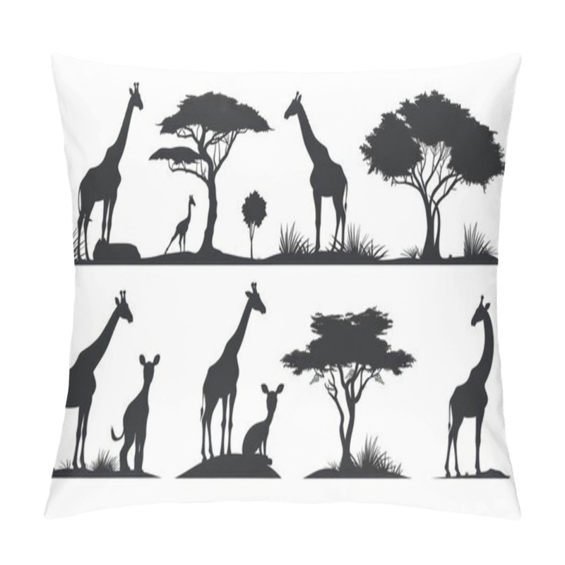 Personality  Silhouettes Of Giraffes And Trees In A Serene Landscape, Showcasing The Beauty Of Wildlife. Pillow Covers