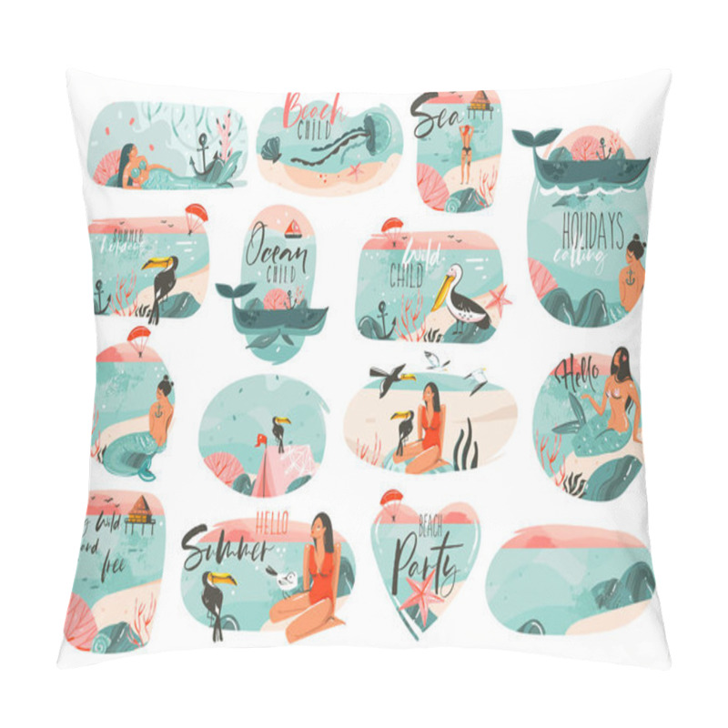 Personality  Hand Drawn Vector Abstract Graphic Cartoon Summer Time Flat Illustrations Sign Big Collection Set With Girl,mermaid,camping Tent,toucan Birds And Typography Quotes Isolated On White Background Pillow Covers