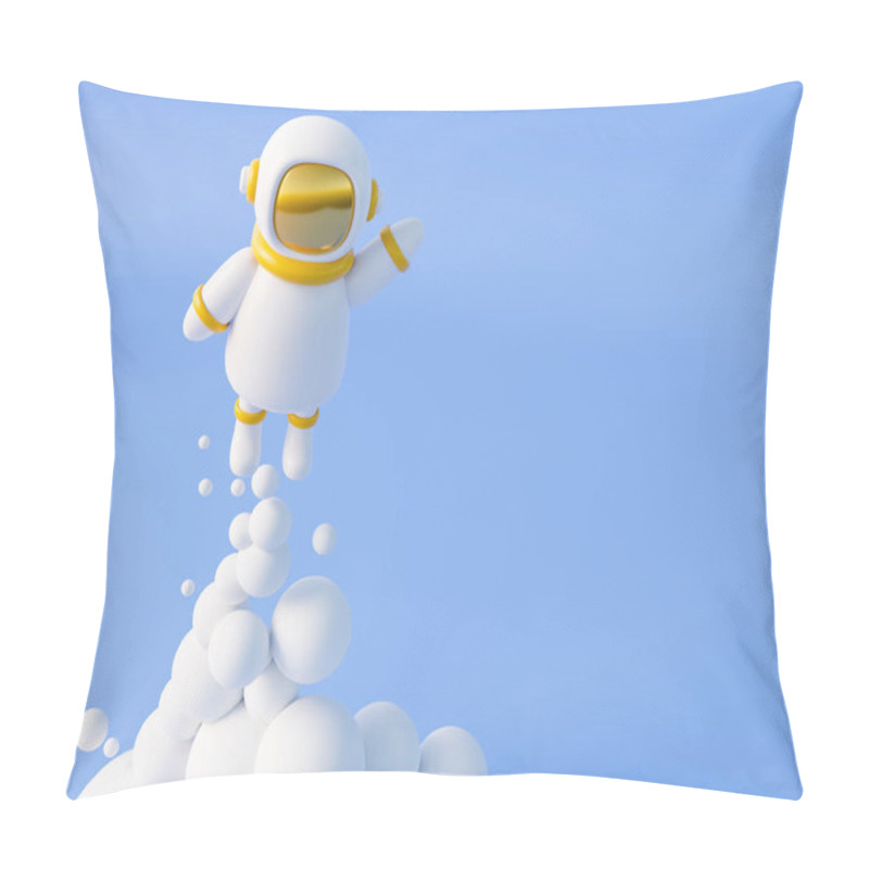 Personality  Cute Cartoon Astronaut On Blue Background With Rocket Start. Space Travel And Colonization Concept. 3d Render In Minimal Style Pillow Covers