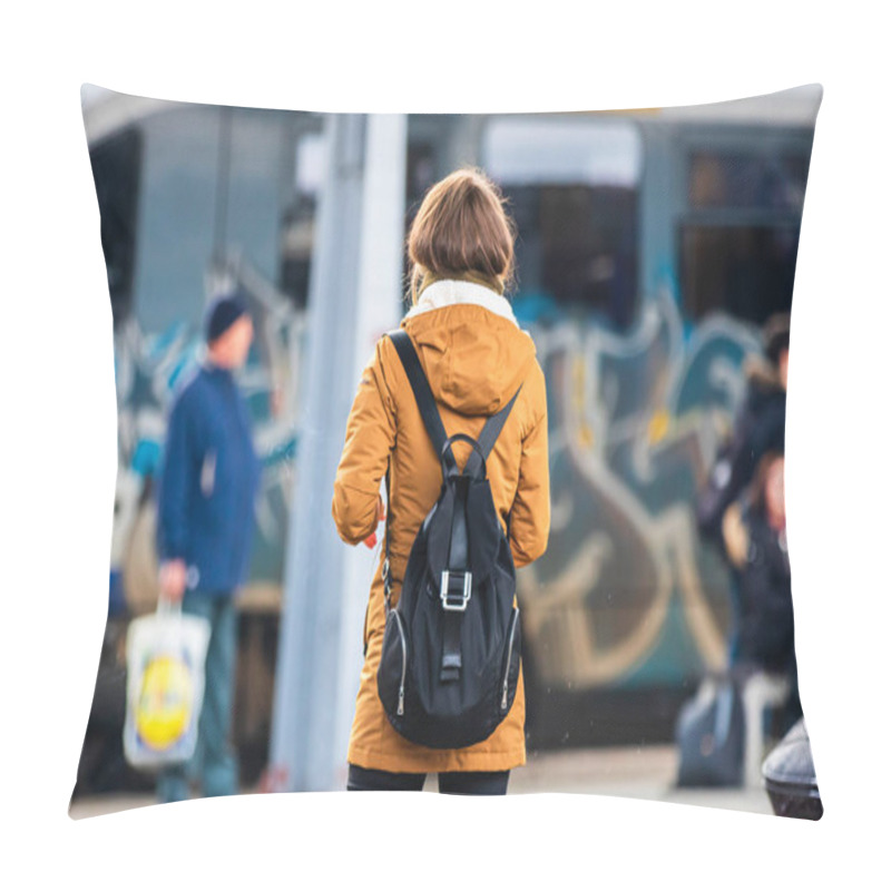 Personality  Travelers And Commuters Carry Luggage And Backpacks On The Train Platform Of Bucharest North Railway Station (Gara De Nord Bucharest) In Bucharest, Romania, 2020 Pillow Covers