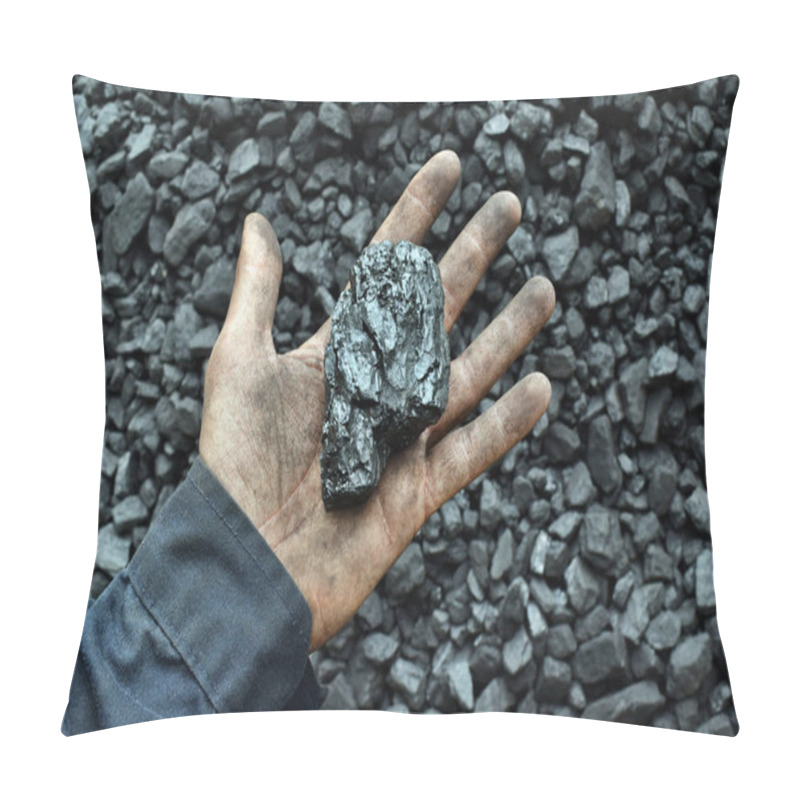 Personality  Coal In The Hand Of Worker Miner. Picture Can Be Use To Idea About Coal Mining, Energy Source Or Environment Protection. Pillow Covers