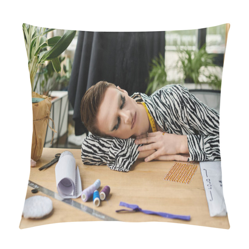 Personality  In A Lively Studio, A Gender Fluid Fashion Designer Rests Thoughtfully, Surrounded By Colorful Threads And Fabrics. Pillow Covers