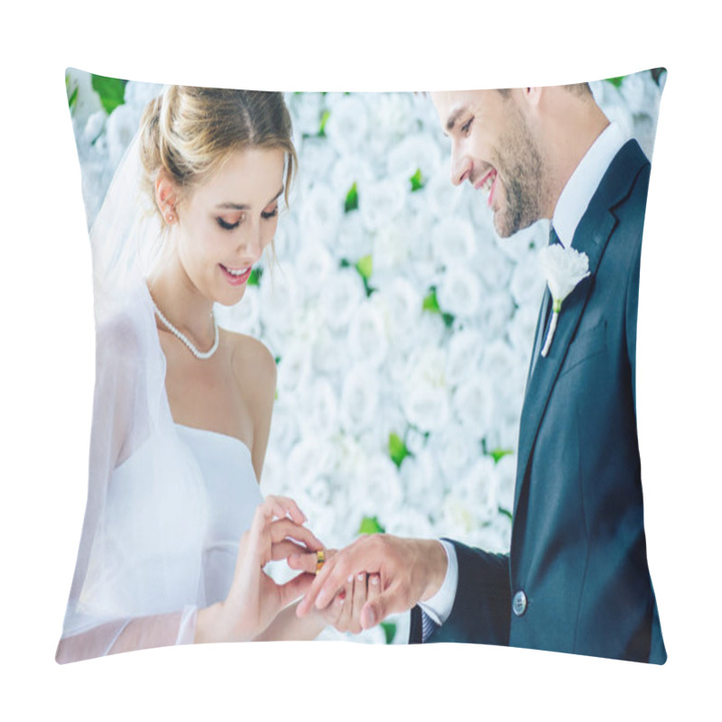 Personality  Attractive And Smiling Bride Putting Wedding Ring On Finger  Pillow Covers